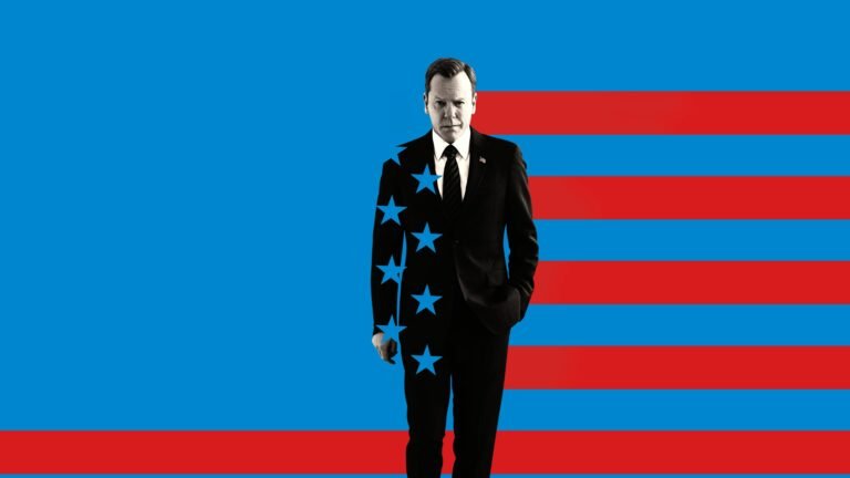 Man in a black suit standing against a blue background with red horizontal stripes and blue star patterns overlaying his torso, symbolizing the United States.