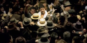 Smiling man with a towel around his neck in a crowded party, surrounded by people wearing hats.