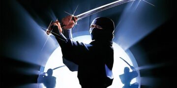 Ninja with a curved sword drawn, mid-swing against a bright circular backdrop, flanked by two shadowy figures with swords in an action pose