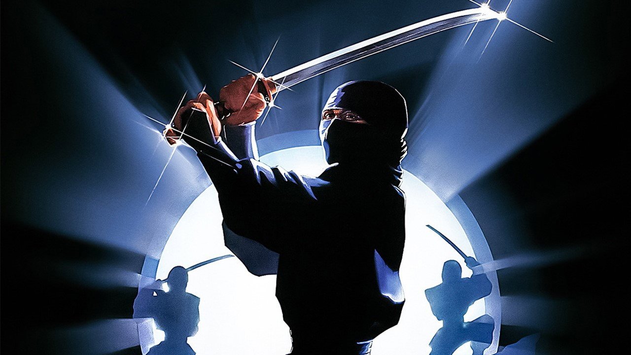 Ninja with a curved sword drawn, mid-swing against a bright circular backdrop, flanked by two shadowy figures with swords in an action pose