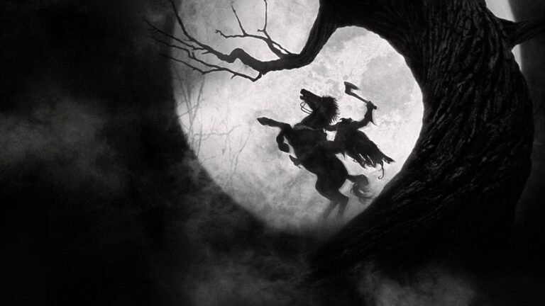 Two dark silhouettes clash with an axe inside a hollow tree against a bright circular background, like a moonlit scene in a forest.