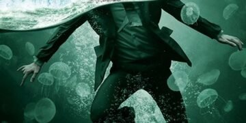 Political poster featuring a man in a suit submerged underwater with a red 'PATRIOT' title and white star above him.